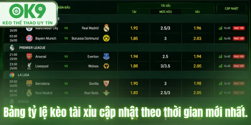 Bảng tỷ lệ kèo tài xỉu cập nhật theo thời gian thực.