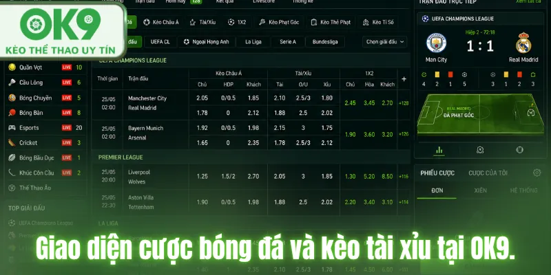 Giao diện cược bóng đá và kèo tài xỉu tại OK9.